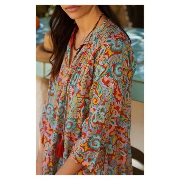 Roller Rabbit Orange Teal Rodez Serafina Boho Tassel Trim Relaxed Fit Tunic L - Picture 2 of 14